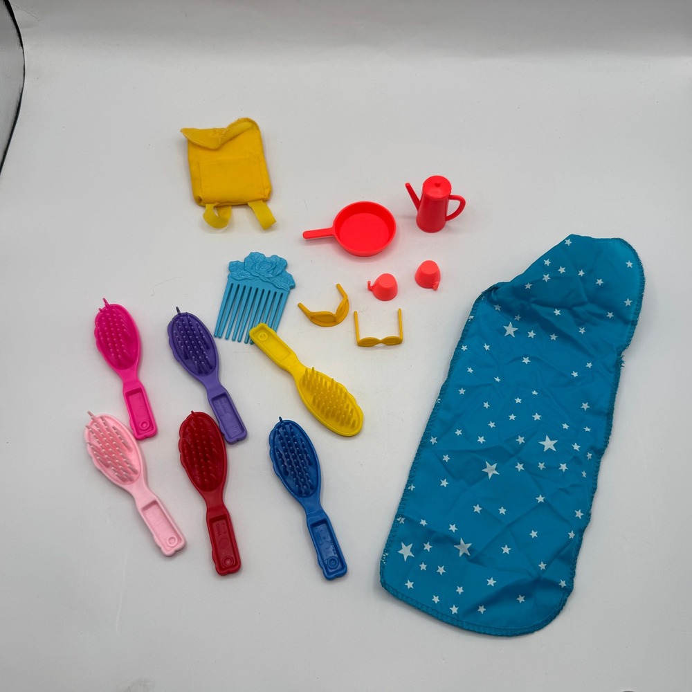 Fashion Doll Accessories Lot Multicolor Vintage Brushes Bag Sleeping Bag Camping